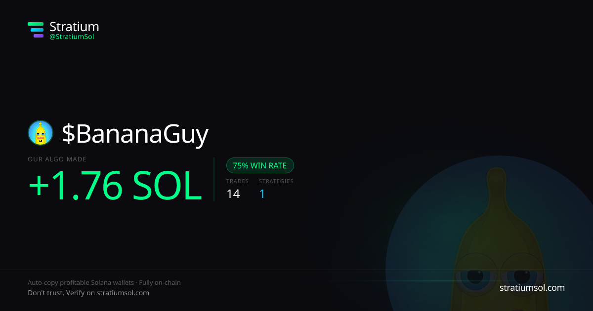 BananaGuy copy trading performance on Stratium — 14 trades, 75% win rate, +1.76 SOL PnL