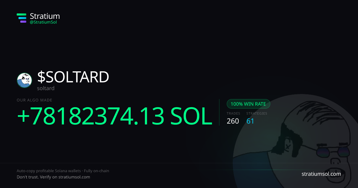 SOLTARD copy trading performance on Stratium — 260 trades, 100% win rate, +78182374.13 SOL PnL