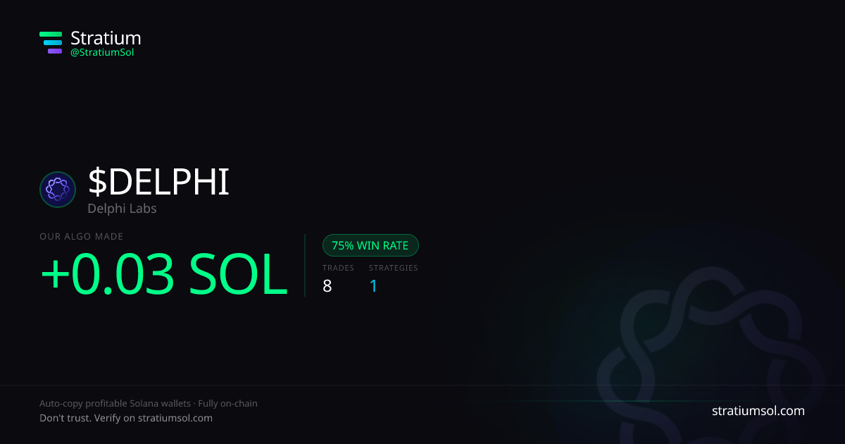 DELPHI copy trading performance on Stratium — 8 trades, 75% win rate, +0.03 SOL PnL