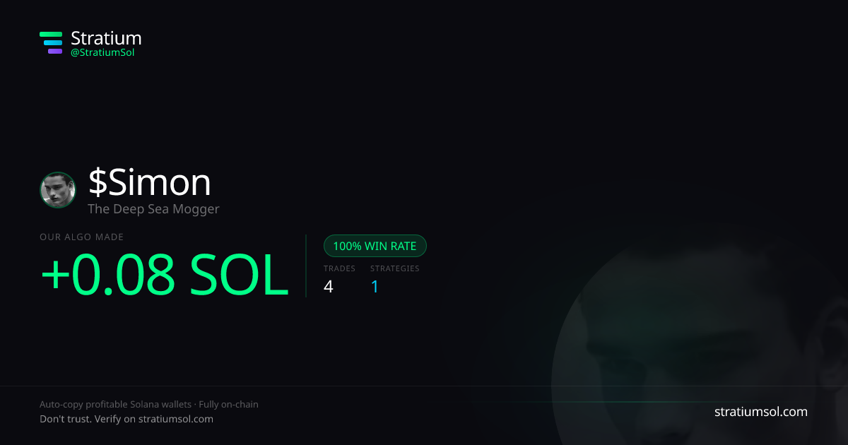 Simon copy trading performance on Stratium — 4 trades, 100% win rate, +0.08 SOL PnL