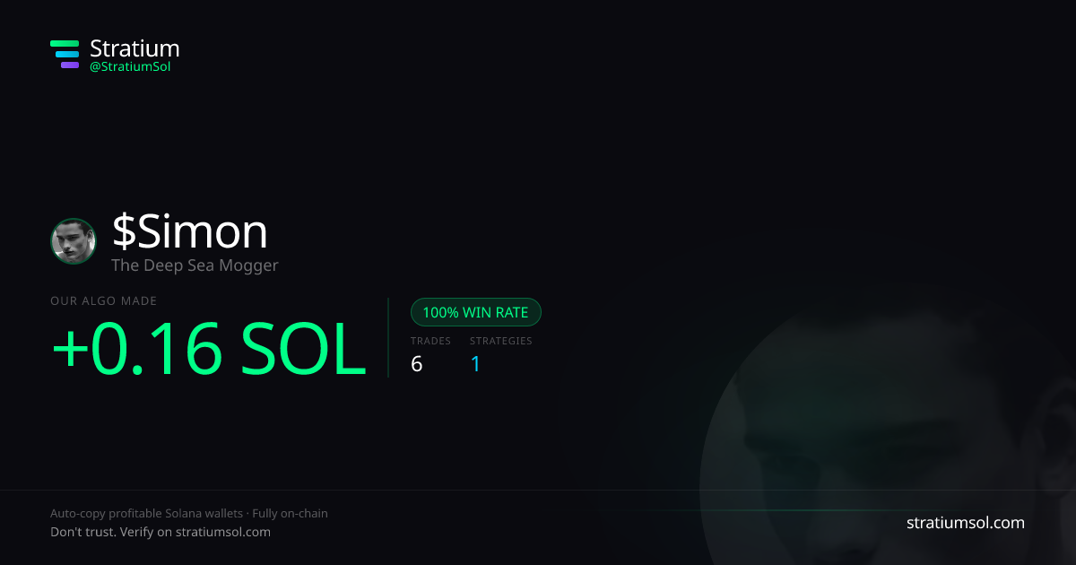 Simon copy trading performance on Stratium — 6 trades, 100% win rate, +0.16 SOL PnL