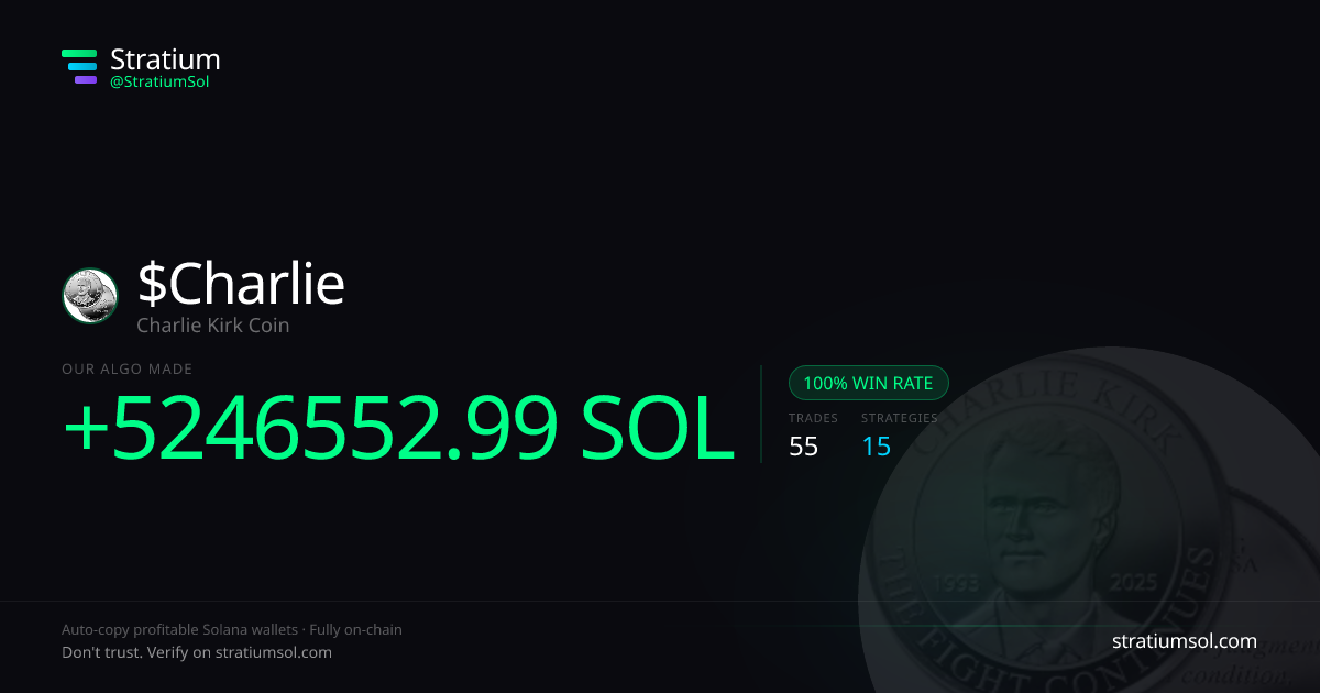 Charlie copy trading performance on Stratium — 55 trades, 100% win rate, +5246552.99 SOL PnL