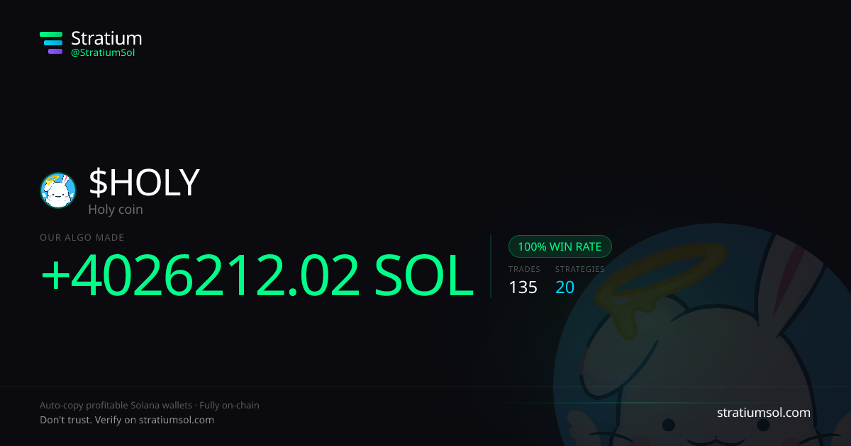 HOLY copy trading performance on Stratium — 135 trades, 100% win rate, +4026212.02 SOL PnL