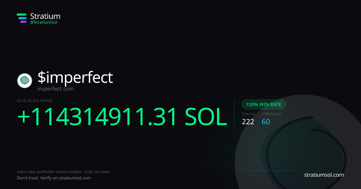 imperfect copy trading performance on Stratium — 222 trades, 100% win rate, +114314911.31 SOL PnL