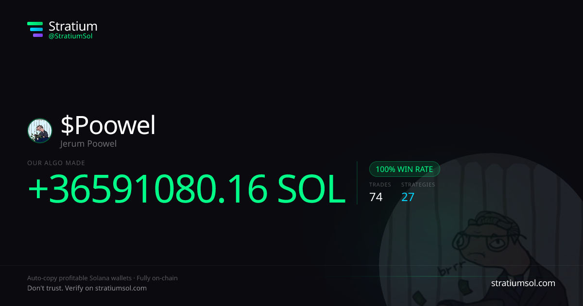 Poowel copy trading performance on Stratium — 74 trades, 100% win rate, +36591080.16 SOL PnL