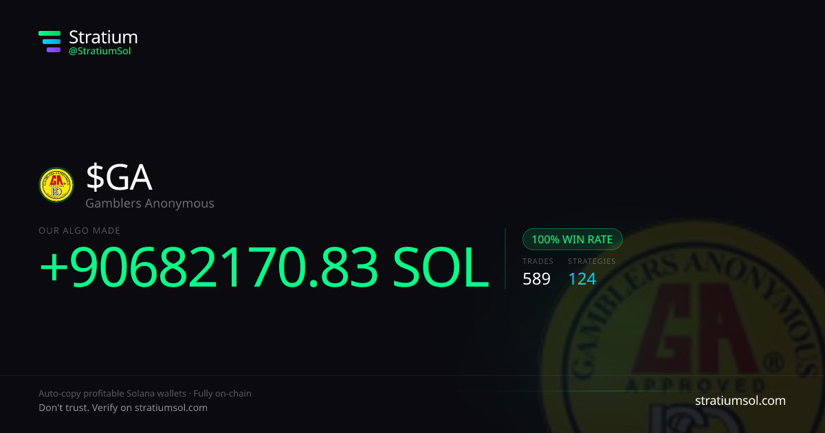 GA copy trading performance on Stratium — 589 trades, 100% win rate, +90682170.83 SOL PnL