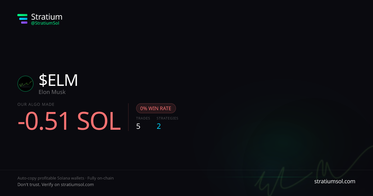 ELM copy trading performance on Stratium — 5 trades, 0% win rate, -0.51 SOL PnL