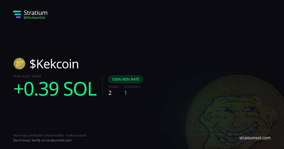 Kekcoin copy trading performance on Stratium — 2 trades, 100% win rate, +0.39 SOL PnL