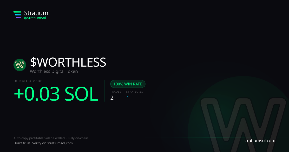 WORTHLESS copy trading performance on Stratium — 2 trades, 100% win rate, +0.03 SOL PnL