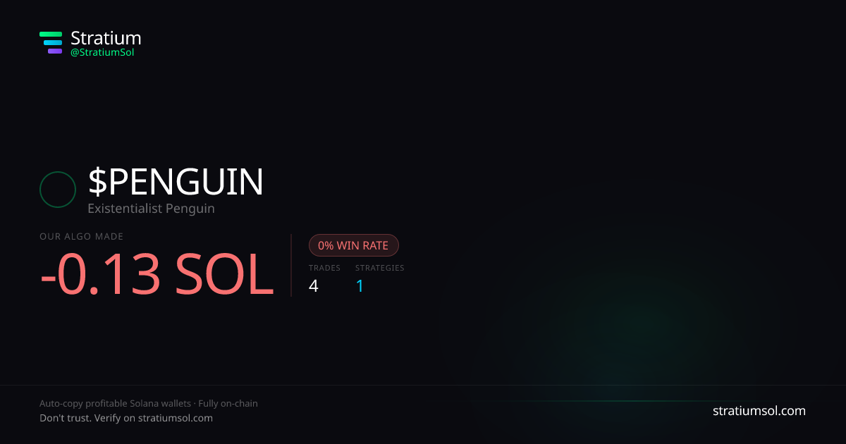 PENGUIN copy trading performance on Stratium — 4 trades, 0% win rate, -0.13 SOL PnL