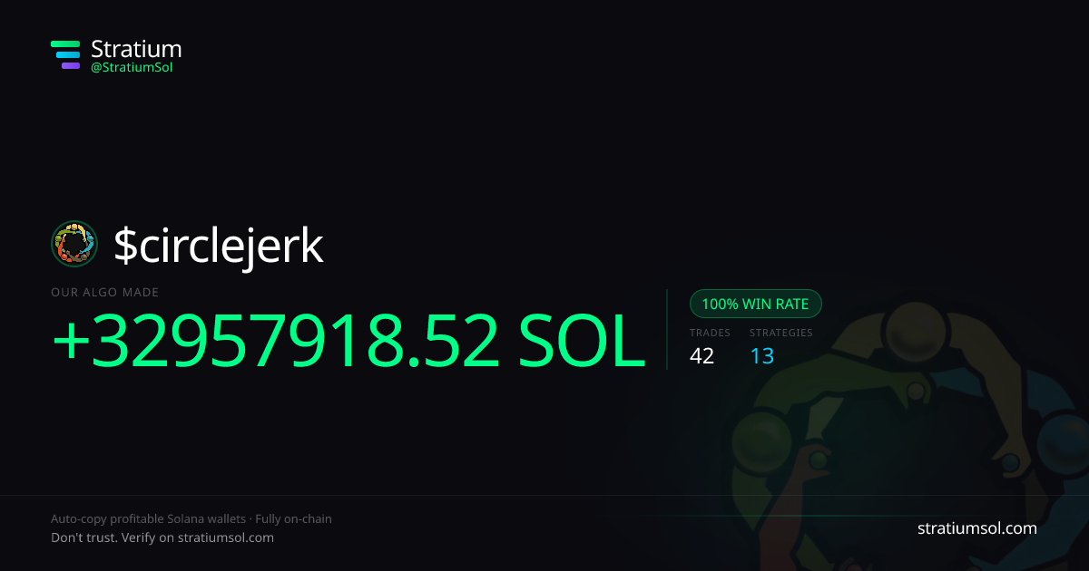 circlejerk copy trading performance on Stratium — 42 trades, 100% win rate, +32957918.52 SOL PnL