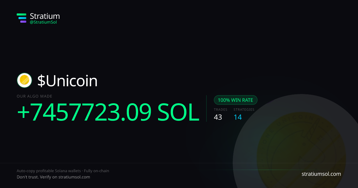 Unicoin copy trading performance on Stratium — 43 trades, 100% win rate, +7457723.09 SOL PnL