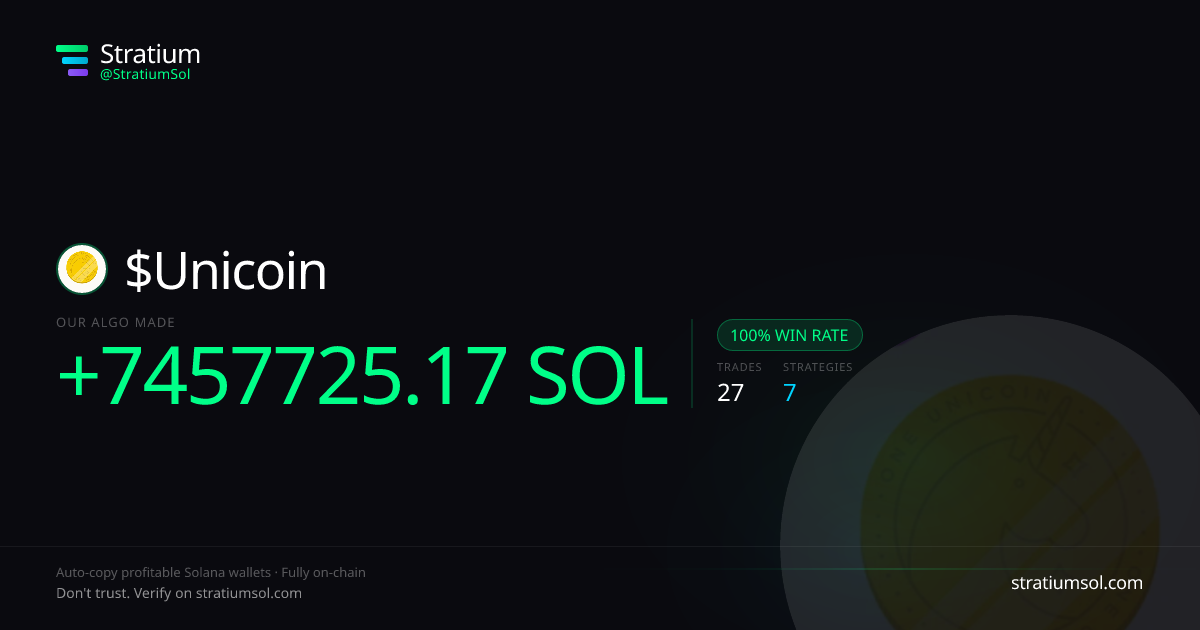 Unicoin copy trading performance on Stratium — 27 trades, 100% win rate, +7457725.17 SOL PnL