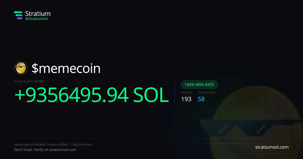 memecoin copy trading performance on Stratium — 193 trades, 100% win rate, +9356495.94 SOL PnL