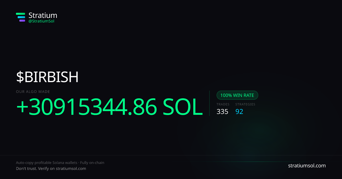 BIRBISH copy trading performance on Stratium — 335 trades, 100% win rate, +30915344.86 SOL PnL