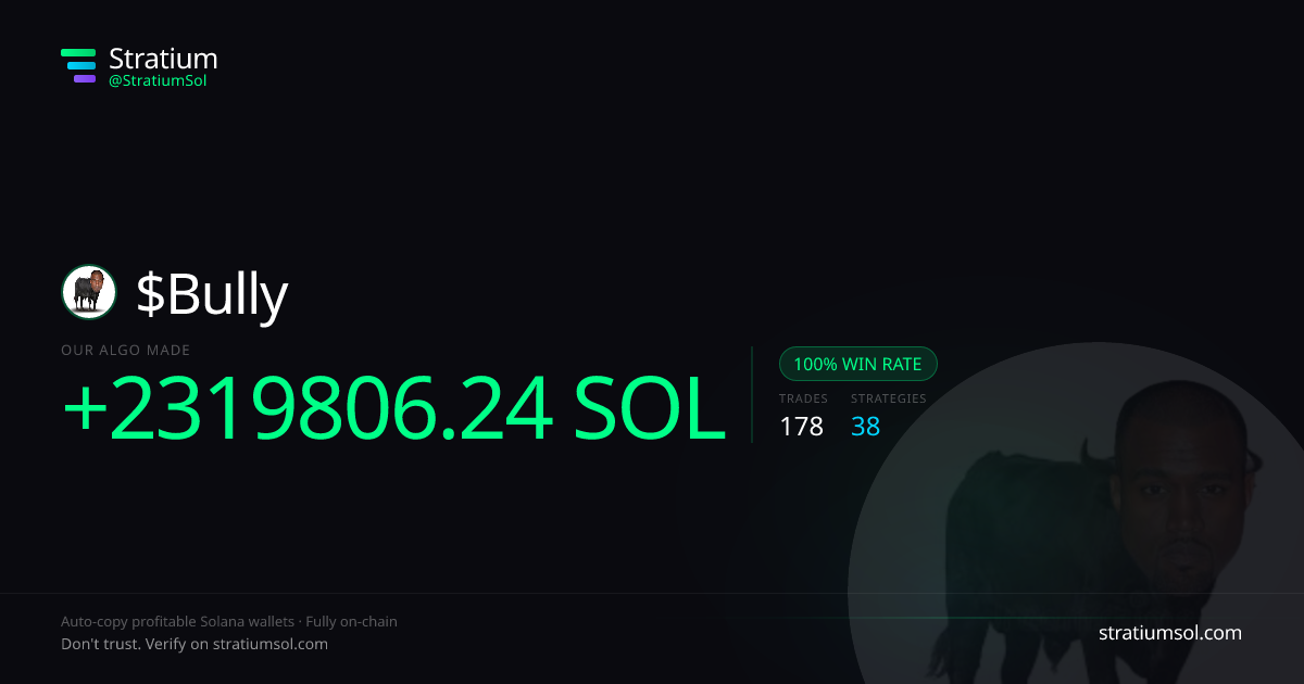 Bully copy trading performance on Stratium — 178 trades, 100% win rate, +2319806.24 SOL PnL