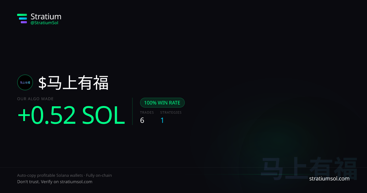 马上有福 copy trading performance on Stratium — 6 trades, 100% win rate, +0.52 SOL PnL
