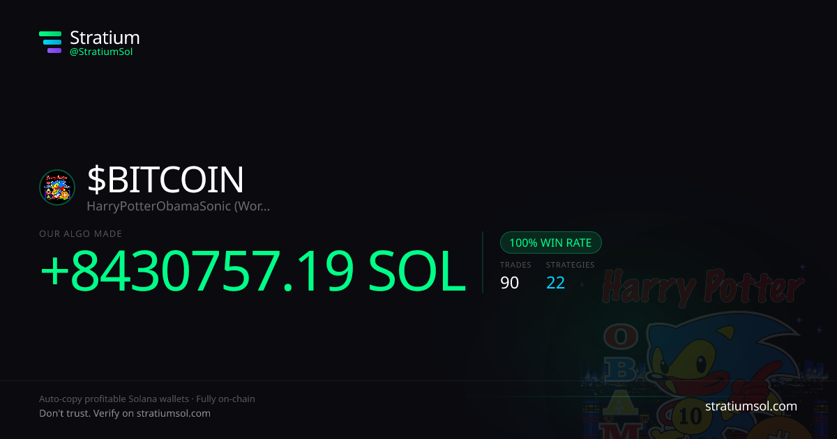 BITCOIN copy trading performance on Stratium — 90 trades, 100% win rate, +8430757.19 SOL PnL