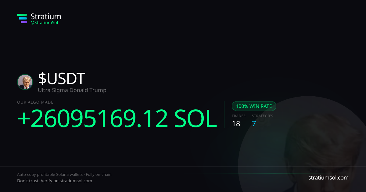 USDT copy trading performance on Stratium — 18 trades, 100% win rate, +26095169.12 SOL PnL