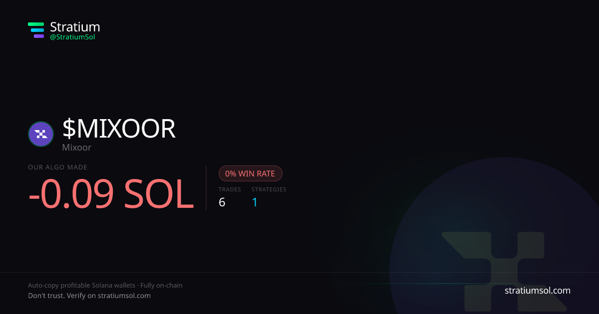 MIXOOR copy trading performance on Stratium — 6 trades, 0% win rate, -0.09 SOL PnL