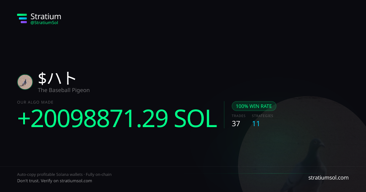 ハト copy trading performance on Stratium — 37 trades, 100% win rate, +20098871.29 SOL PnL