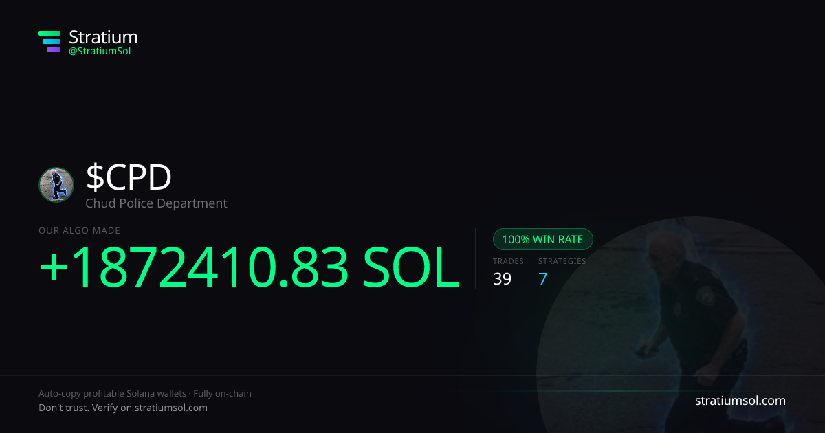 CPD copy trading performance on Stratium — 39 trades, 100% win rate, +1872410.83 SOL PnL