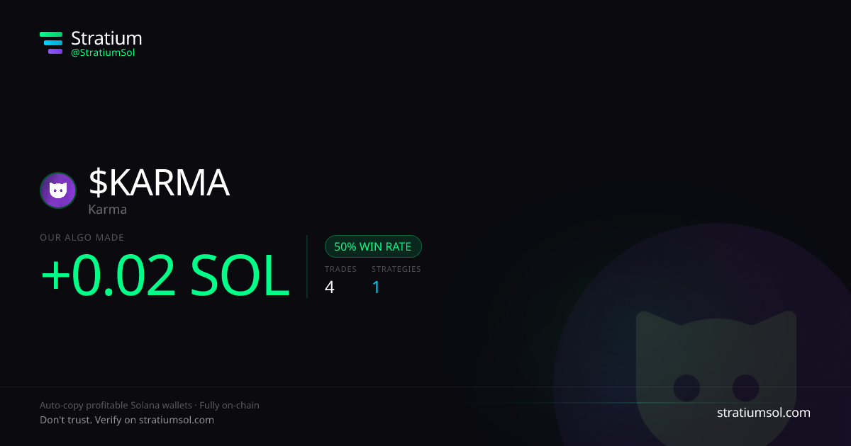 KARMA copy trading performance on Stratium — 4 trades, 50% win rate, +0.02 SOL PnL