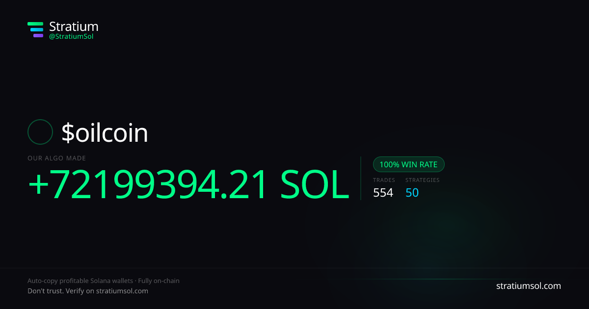 oilcoin copy trading performance on Stratium — 554 trades, 100% win rate, +72199394.21 SOL PnL