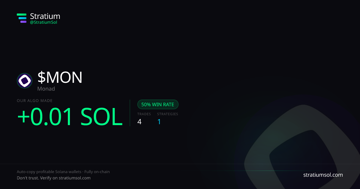 MON copy trading performance on Stratium — 4 trades, 50% win rate, +0.01 SOL PnL