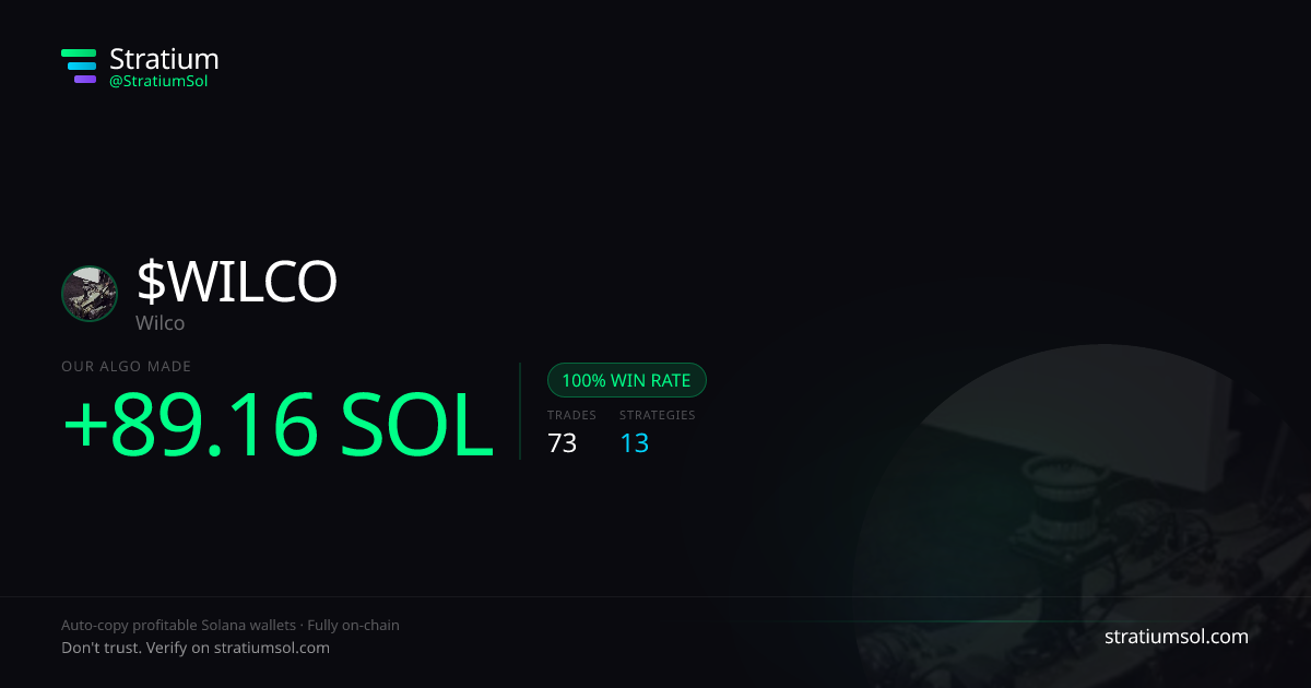 WILCO copy trading performance on Stratium — 73 trades, 100% win rate, +89.16 SOL PnL