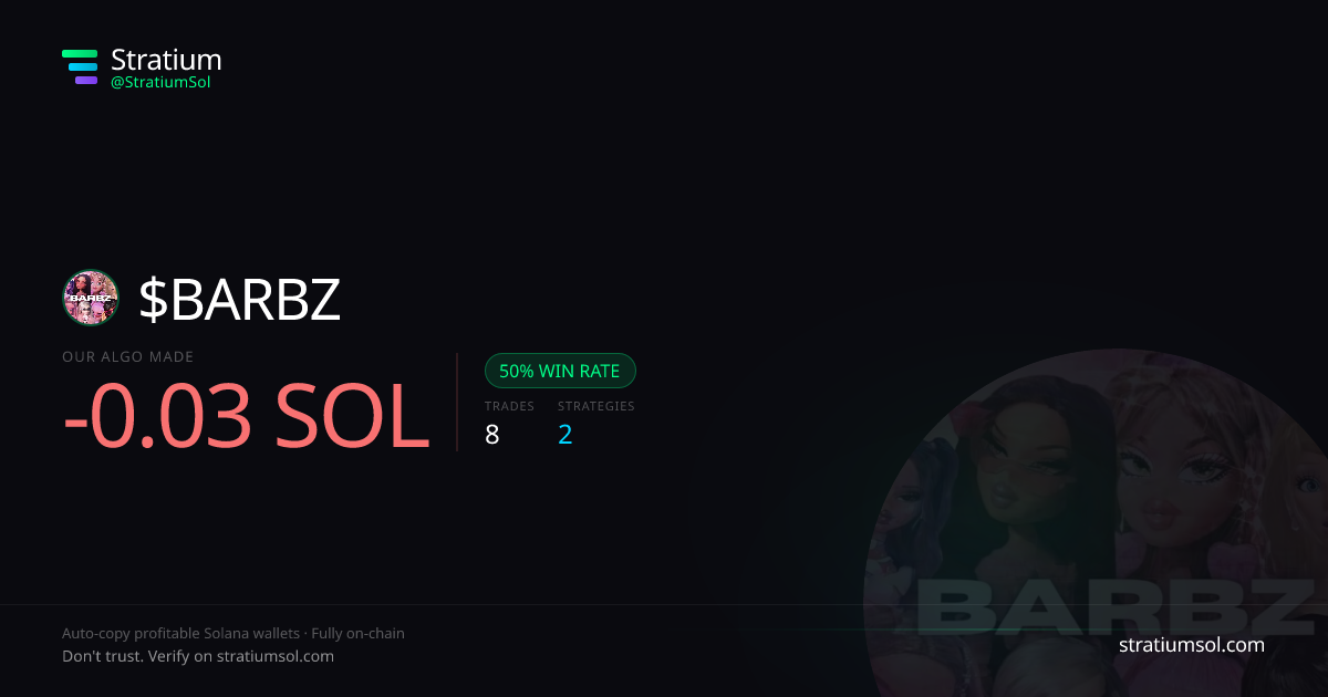 BARBZ copy trading performance on Stratium — 8 trades, 50% win rate, -0.03 SOL PnL