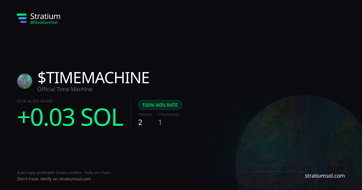 TIMEMACHINE copy trading performance on Stratium — 2 trades, 100% win rate, +0.03 SOL PnL