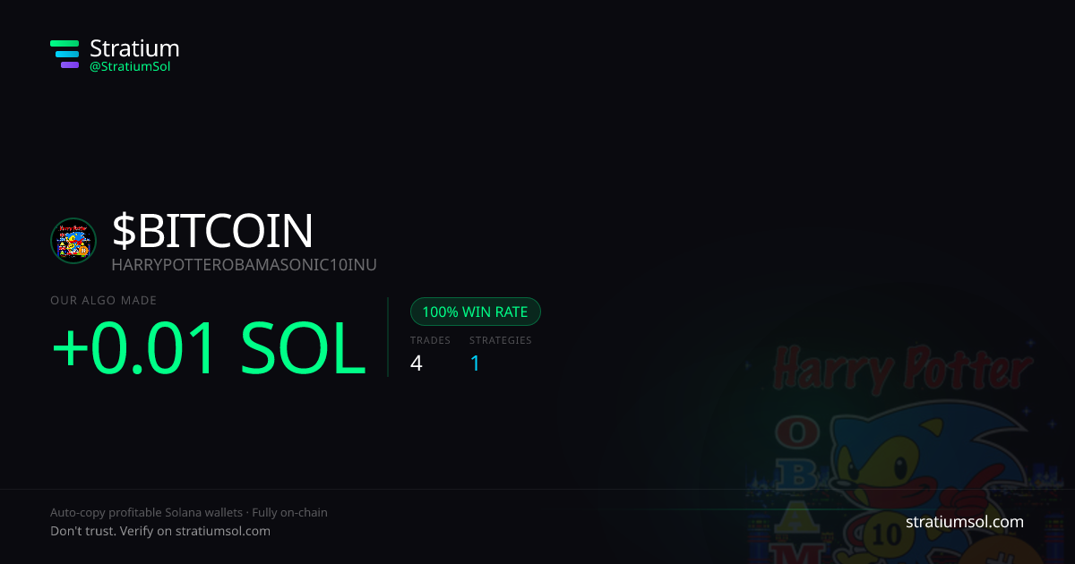 BITCOIN copy trading performance on Stratium — 4 trades, 100% win rate, +0.01 SOL PnL