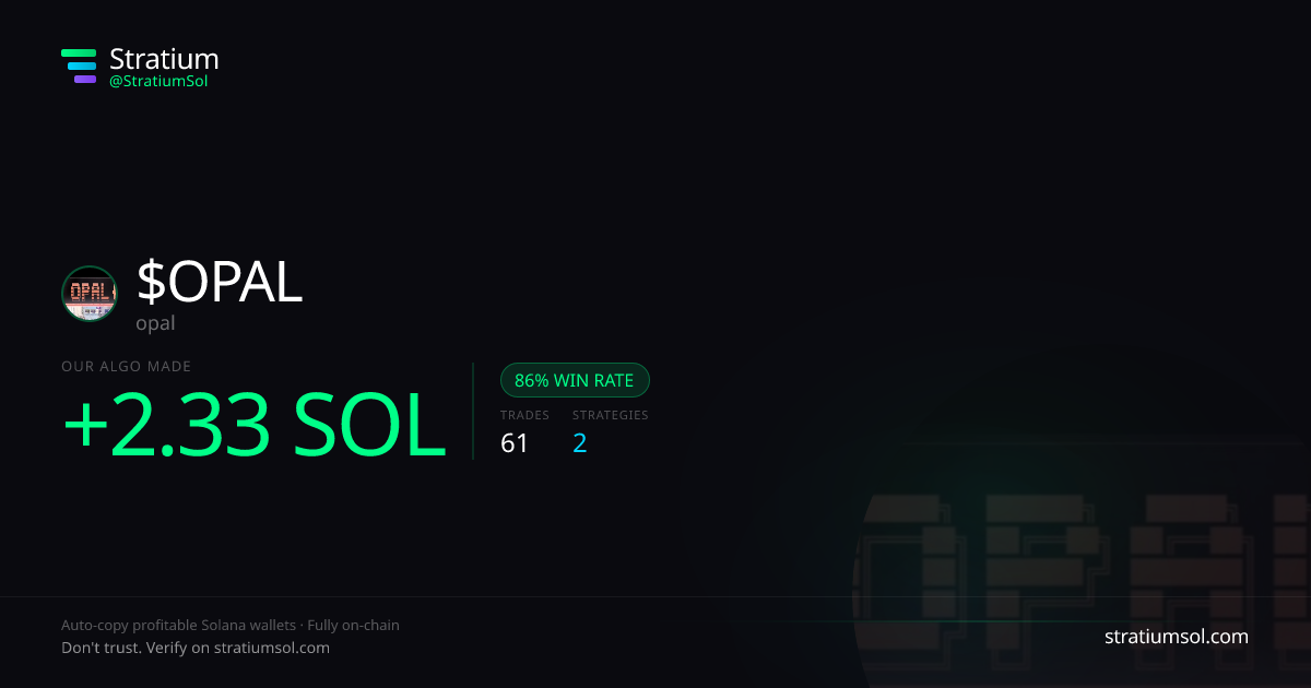 OPAL copy trading performance on Stratium — 61 trades, 86% win rate, +2.33 SOL PnL