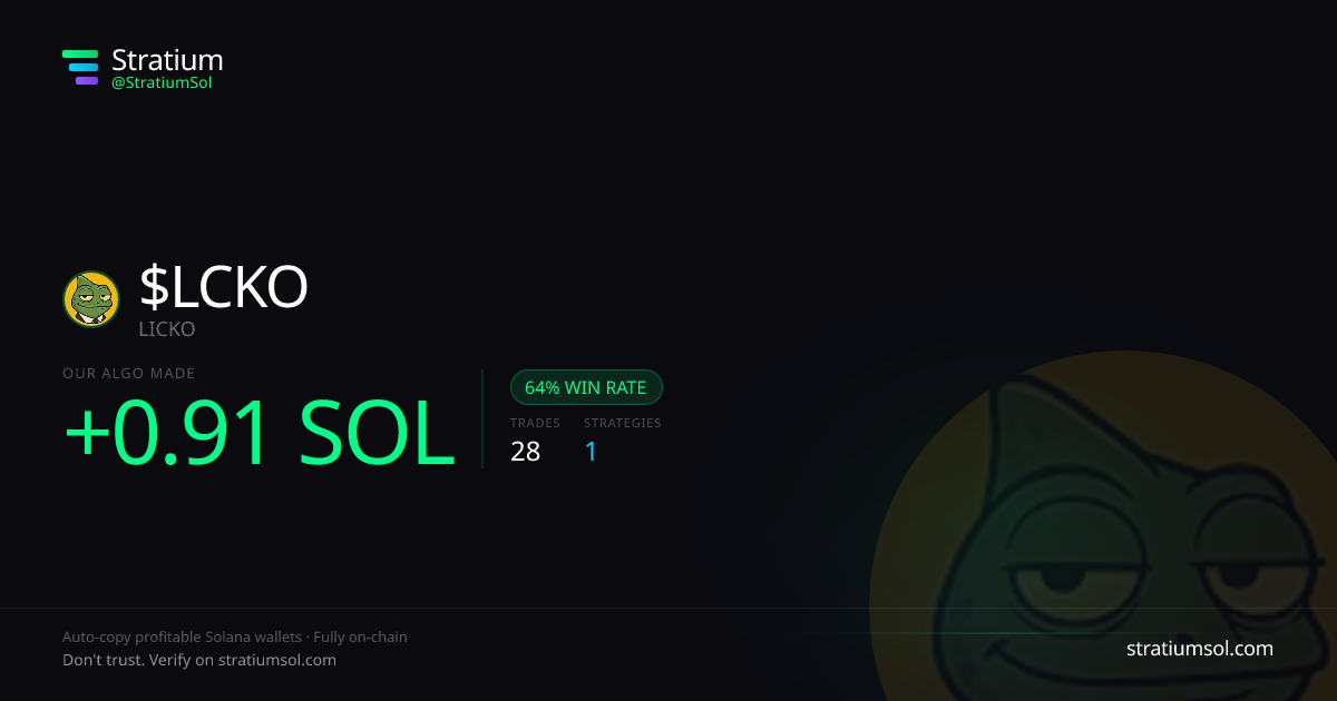 LCKO copy trading performance on Stratium — 28 trades, 64% win rate, +0.91 SOL PnL