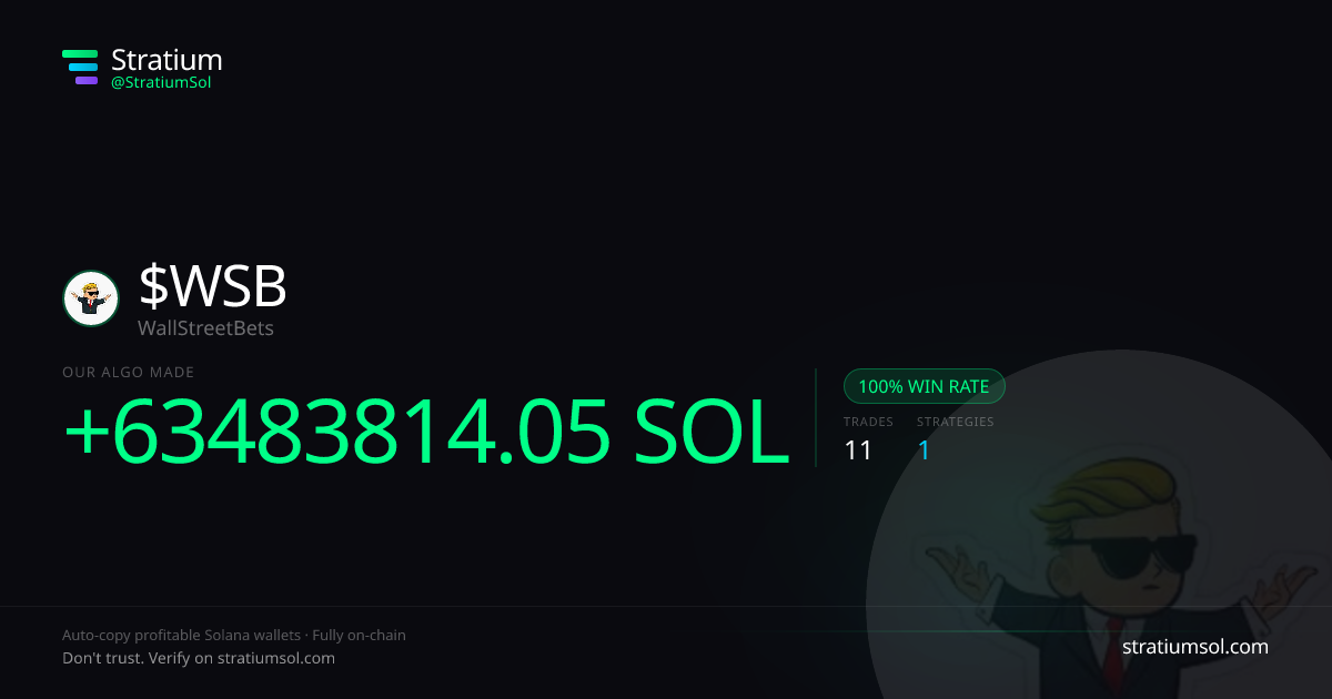 WSB copy trading performance on Stratium — 11 trades, 100% win rate, +63483814.05 SOL PnL