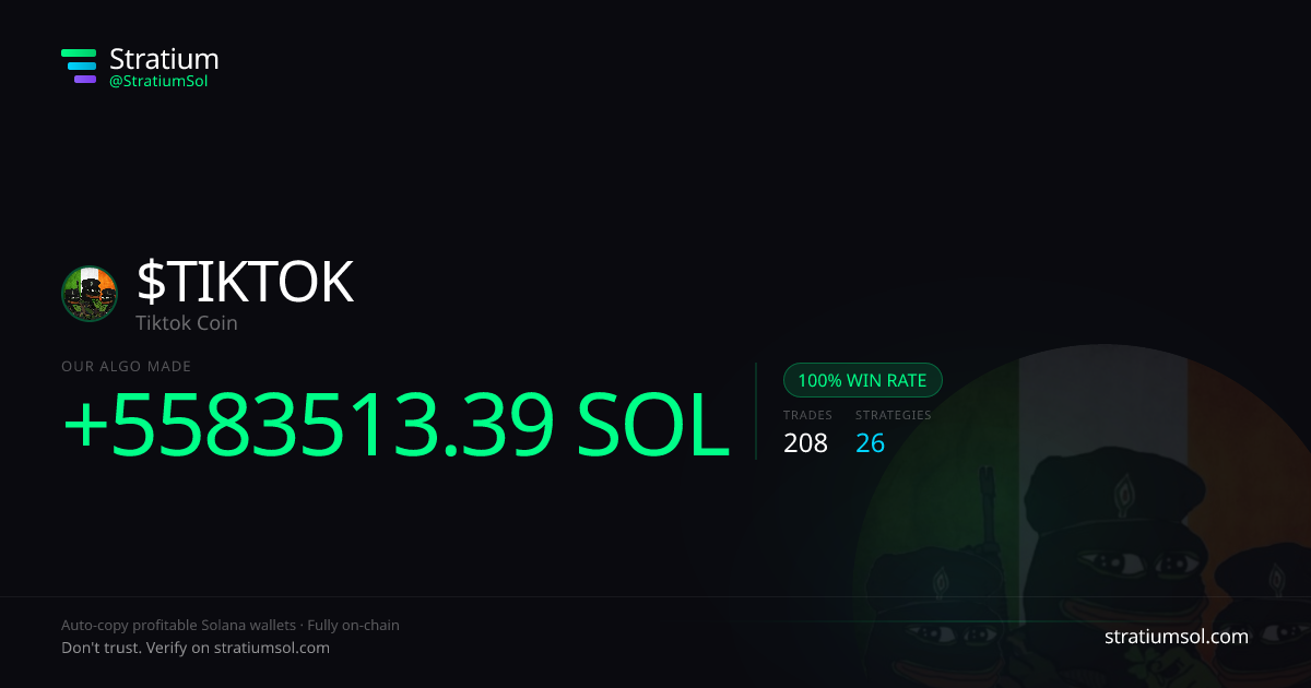 TIKTOK copy trading performance on Stratium — 208 trades, 100% win rate, +5583513.39 SOL PnL