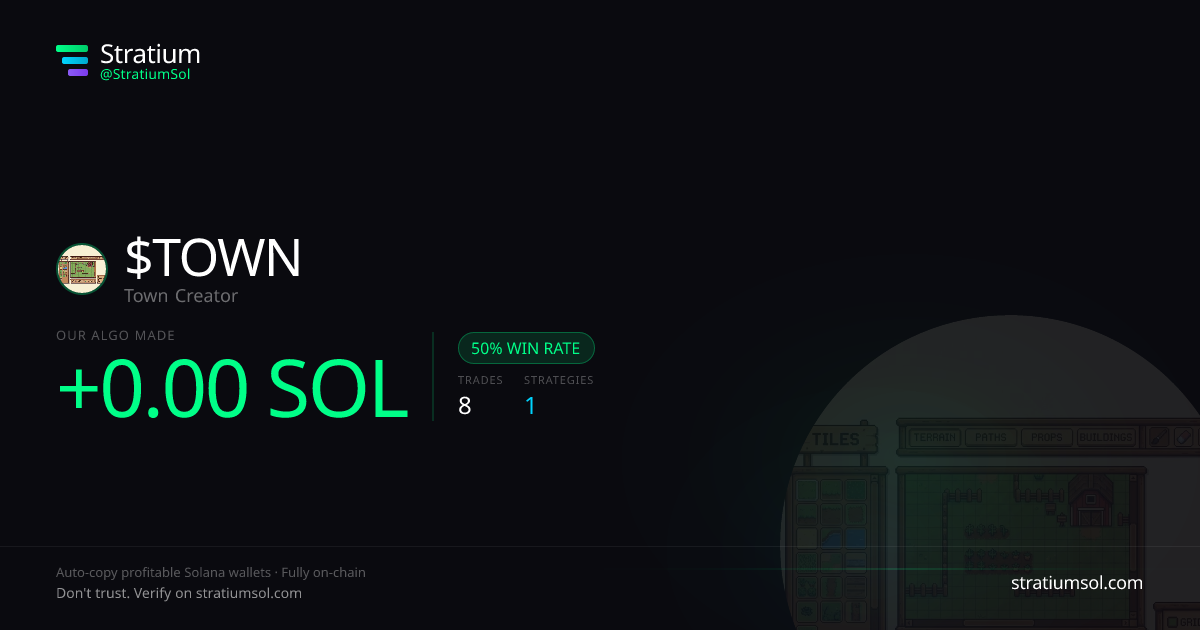 TOWN copy trading performance on Stratium — 8 trades, 50% win rate, -0.00 SOL PnL