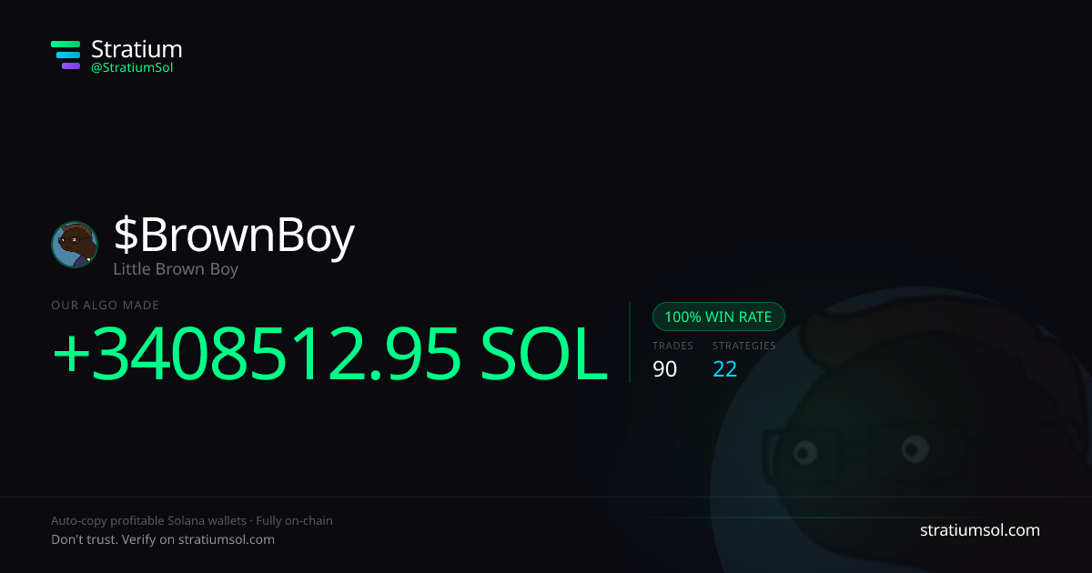 BrownBoy copy trading performance on Stratium — 90 trades, 100% win rate, +3408512.95 SOL PnL