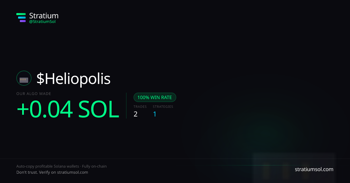 Heliopolis copy trading performance on Stratium — 2 trades, 100% win rate, +0.04 SOL PnL