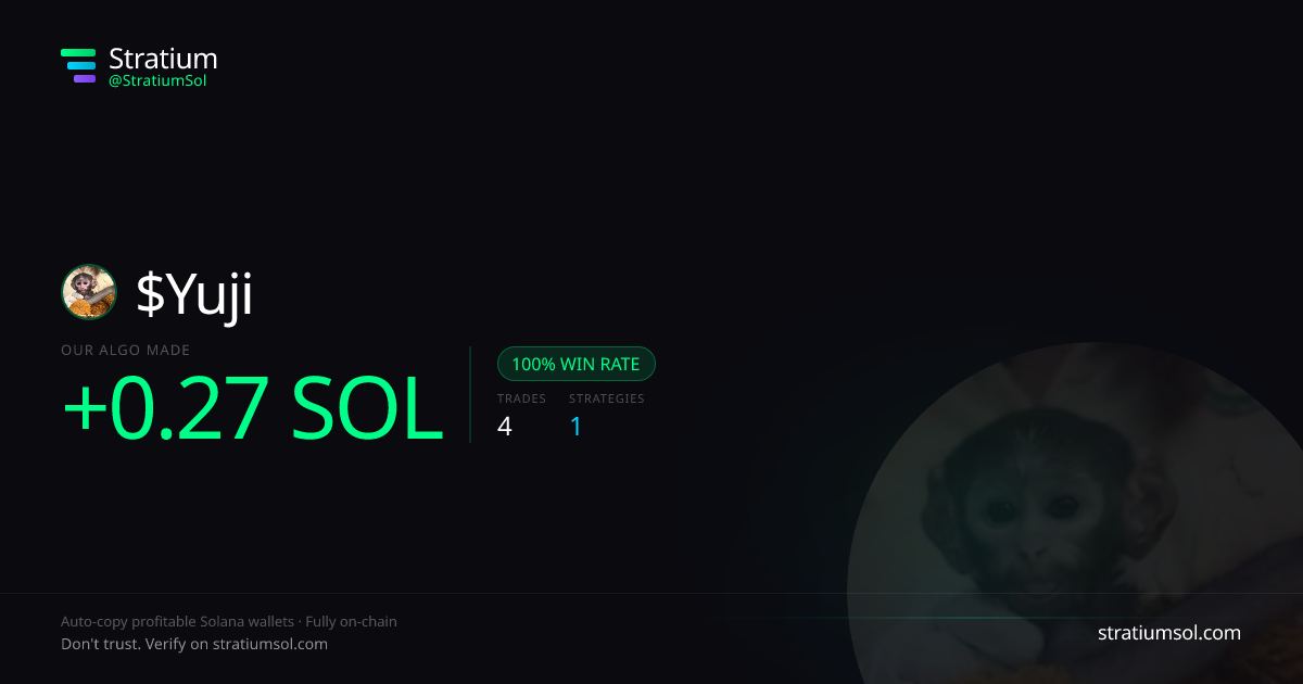 Yuji copy trading performance on Stratium — 4 trades, 100% win rate, +0.27 SOL PnL