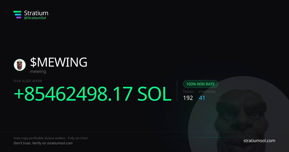 MEWING copy trading performance on Stratium — 192 trades, 100% win rate, +85462498.17 SOL PnL