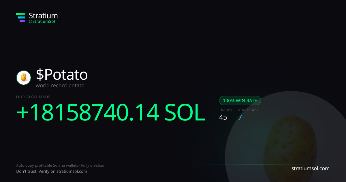 Potato copy trading performance on Stratium — 45 trades, 100% win rate, +18158740.14 SOL PnL
