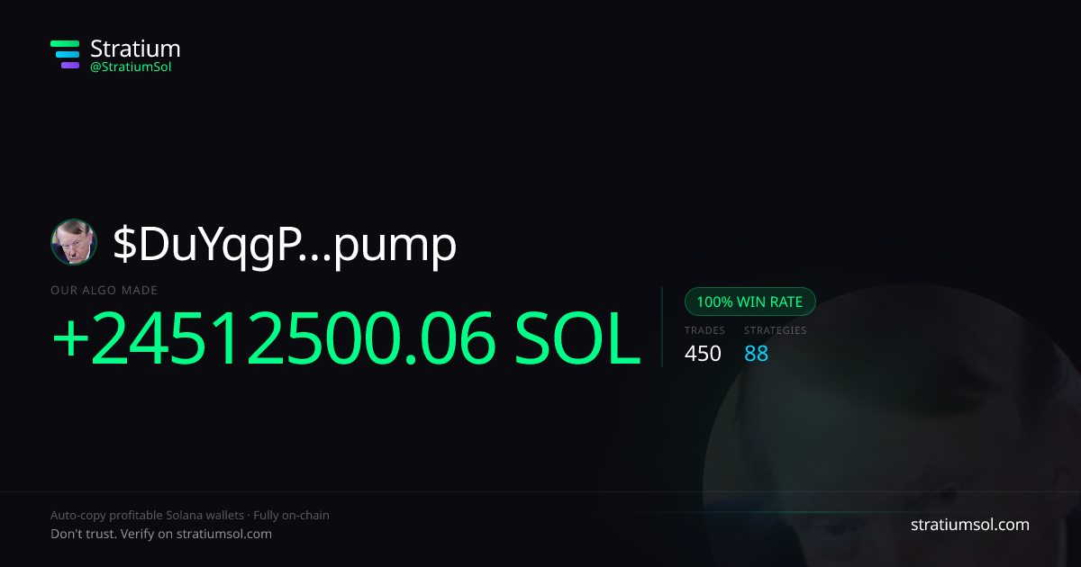 DuYqgP…pump copy trading performance on Stratium — 450 trades, 100% win rate, +24512500.06 SOL PnL