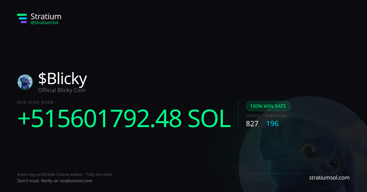 Blicky copy trading performance on Stratium — 827 trades, 100% win rate, +515601792.48 SOL PnL