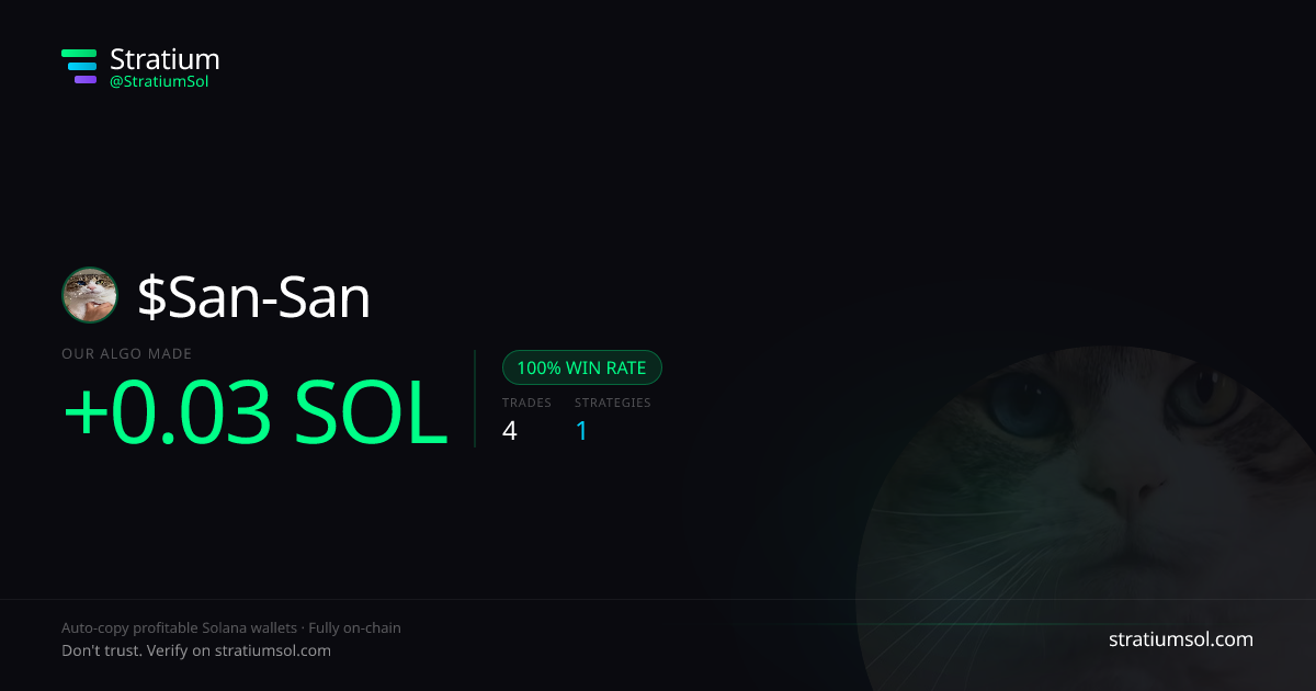 San-San copy trading performance on Stratium — 4 trades, 100% win rate, +0.03 SOL PnL