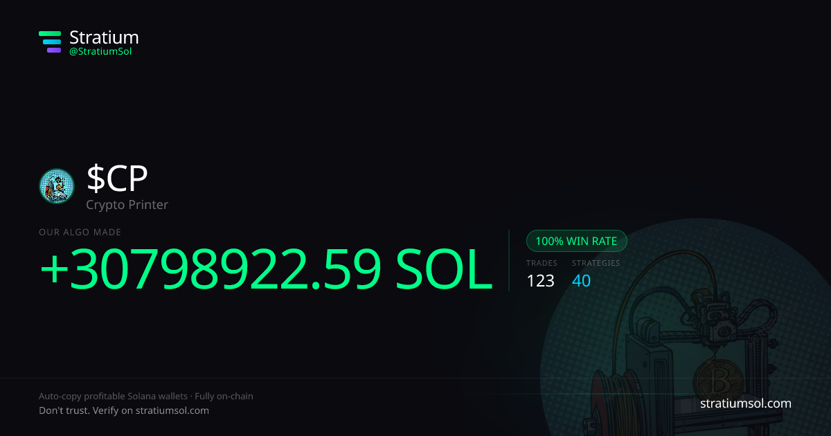 CP copy trading performance on Stratium — 123 trades, 100% win rate, +30798922.59 SOL PnL