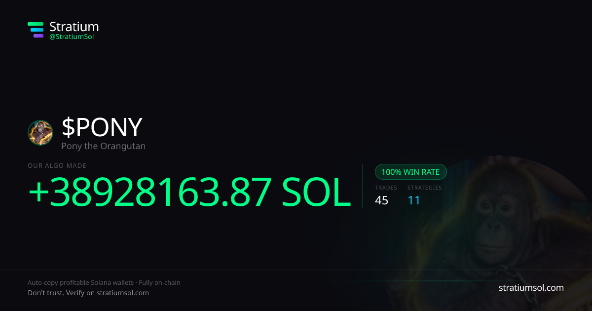 PONY copy trading performance on Stratium — 45 trades, 100% win rate, +38928163.87 SOL PnL