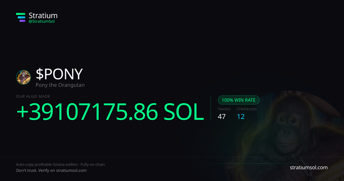 PONY copy trading performance on Stratium — 47 trades, 100% win rate, +39107175.86 SOL PnL