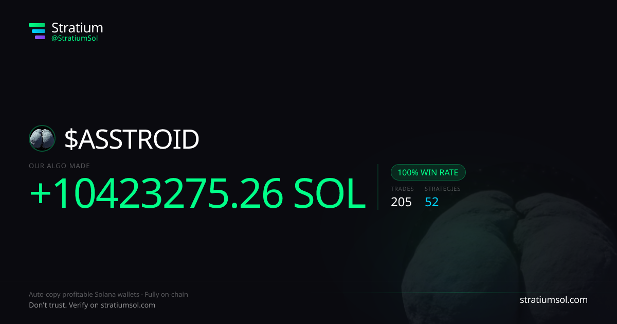 ASSTROID copy trading performance on Stratium — 205 trades, 100% win rate, +10423275.26 SOL PnL